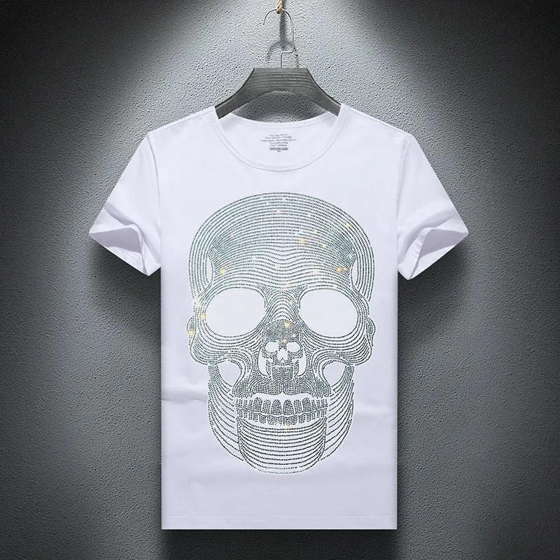 Striped Skulls Rhinestones Decorated T-Shirt
