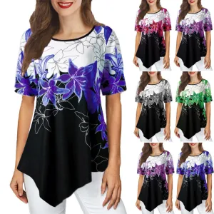 Summer Flower Print Short Sleeve Loose Irregular T-shirts