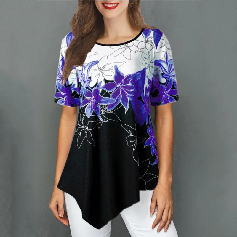 Summer Flower Print Short Sleeve Loose Irregular T-shirts