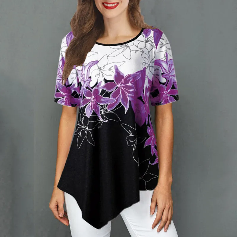 Summer Flower Print Short Sleeve Loose Irregular T-shirts