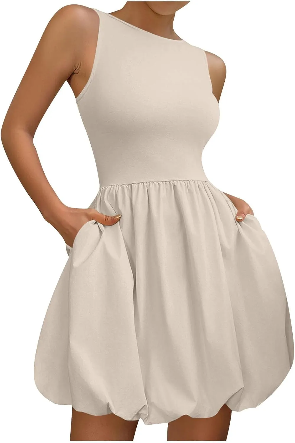 Summer Sundress for Women 2025 Casual Sleeveless Short Mini Dress Cute Crewneck Bubble Tank Dresses with Pockets