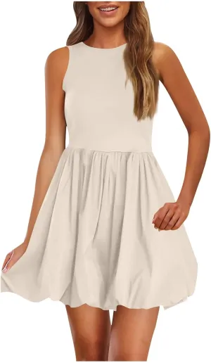Summer Sundress for Women 2025 Casual Sleeveless Short Mini Dress Cute Crewneck Bubble Tank Dresses with Pockets