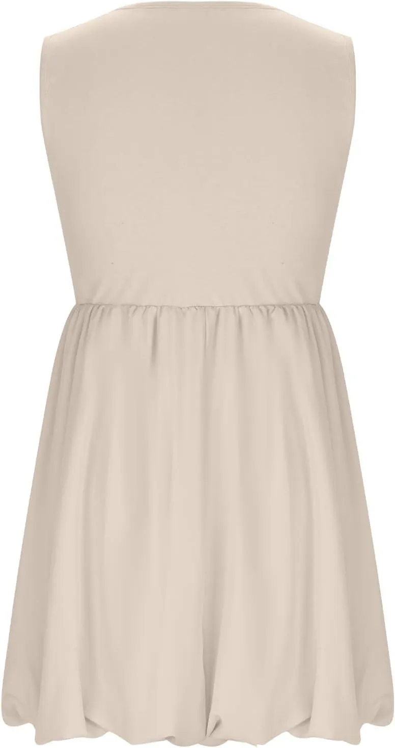 Summer Sundress for Women 2025 Casual Sleeveless Short Mini Dress Cute Crewneck Bubble Tank Dresses with Pockets