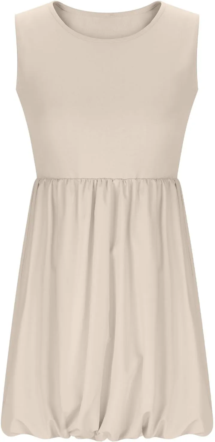 Summer Sundress for Women 2025 Casual Sleeveless Short Mini Dress Cute Crewneck Bubble Tank Dresses with Pockets