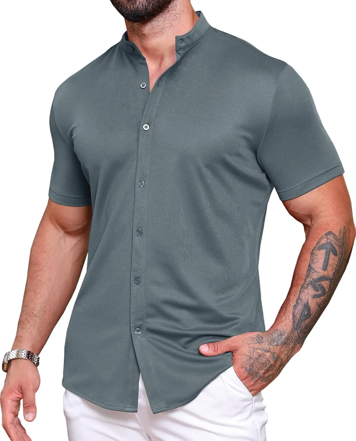 URRU Men's Muscle Dress Shirts Slim Fit Stretch Banded Collar Short Sleeve Wrinkle Free Casual Button Down Shirts