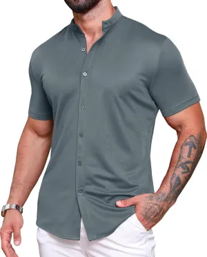 URRU Men's Muscle Dress Shirts Slim Fit Stretch Banded Collar Short Sleeve Wrinkle Free Casual Button Down Shirts