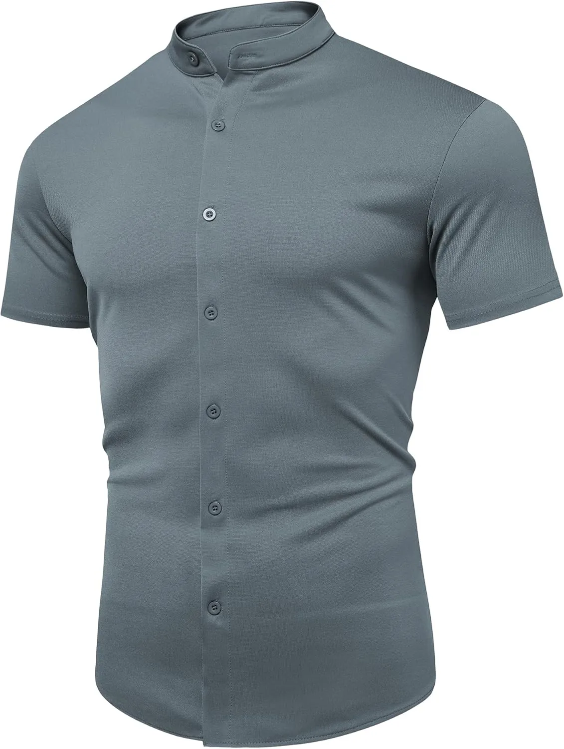 URRU Men's Muscle Dress Shirts Slim Fit Stretch Banded Collar Short Sleeve Wrinkle Free Casual Button Down Shirts