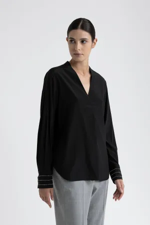 V-neck silk crepe de chine blouse