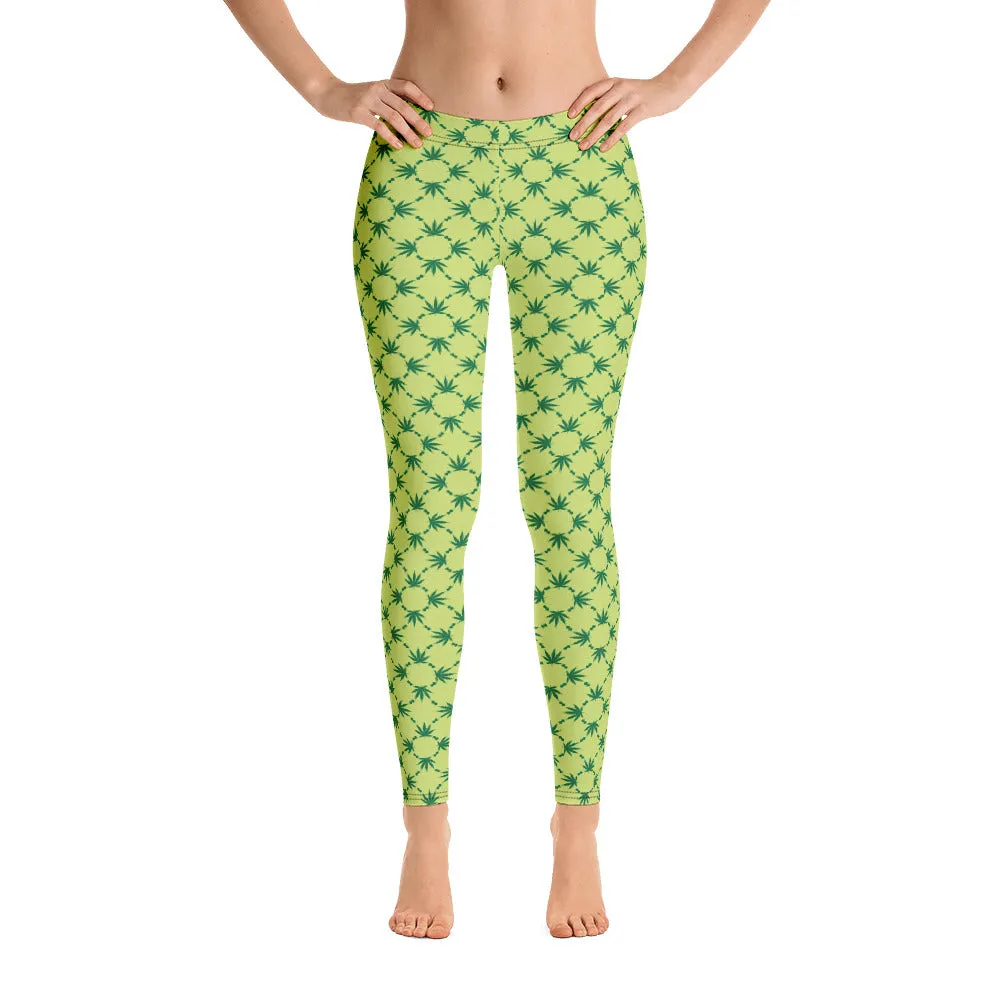 Weed Leaf All Over Print Leggings - Green