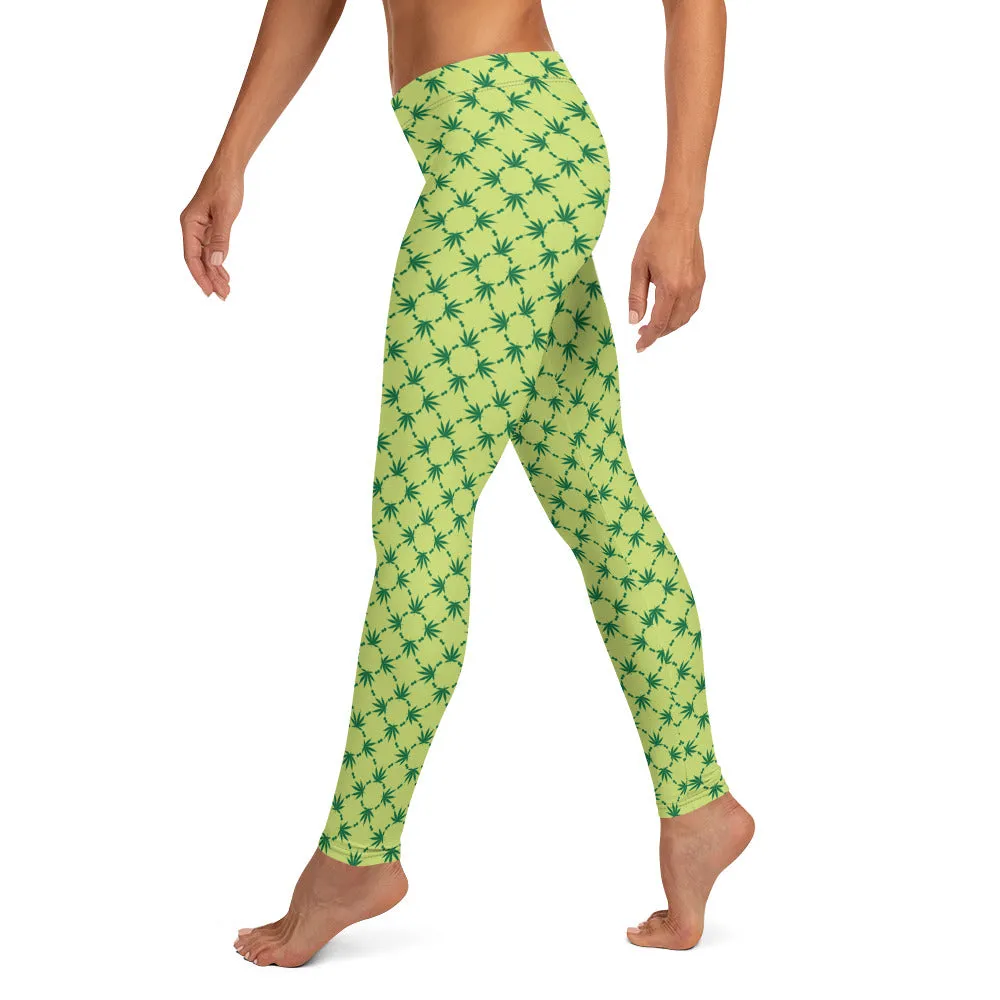 Weed Leaf All Over Print Leggings - Green
