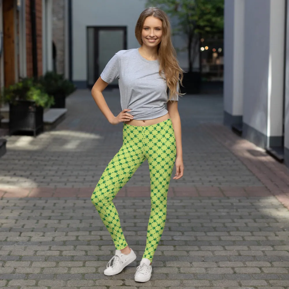 Weed Leaf All Over Print Leggings - Green