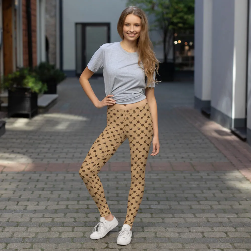 Weed Leaf All Over Print Leggings - Tan