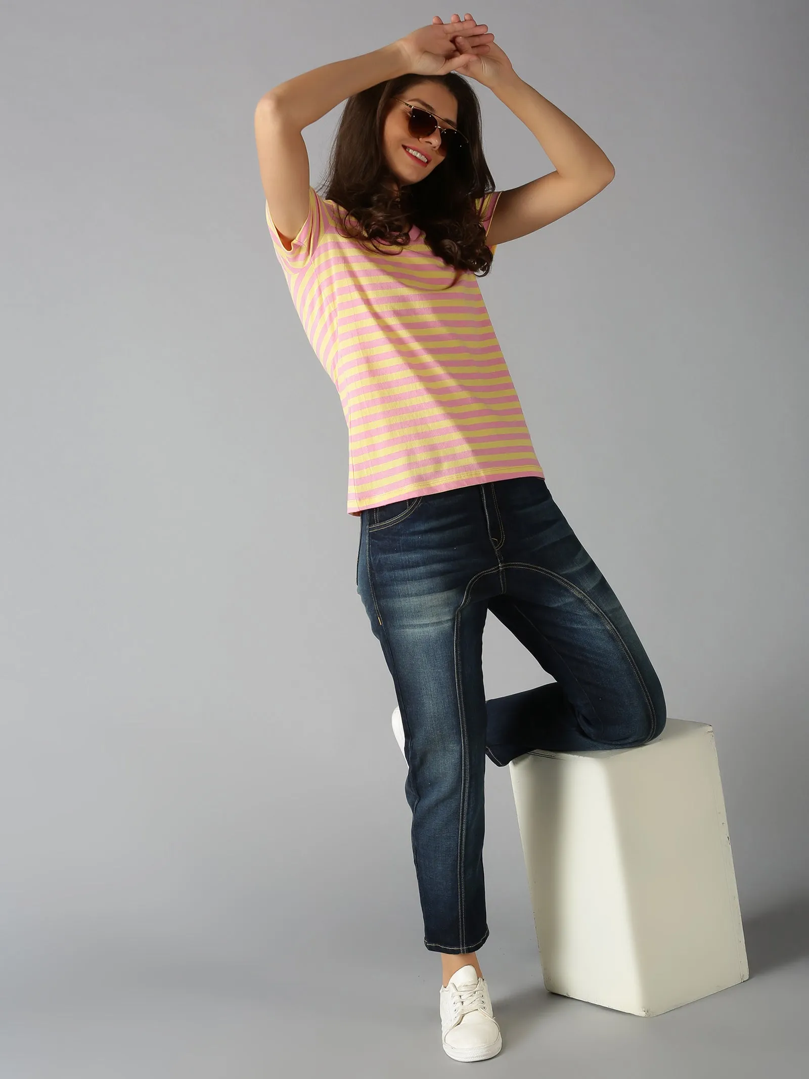 Women Pink & Yellow Stripes V Neck Casual T-Shirt