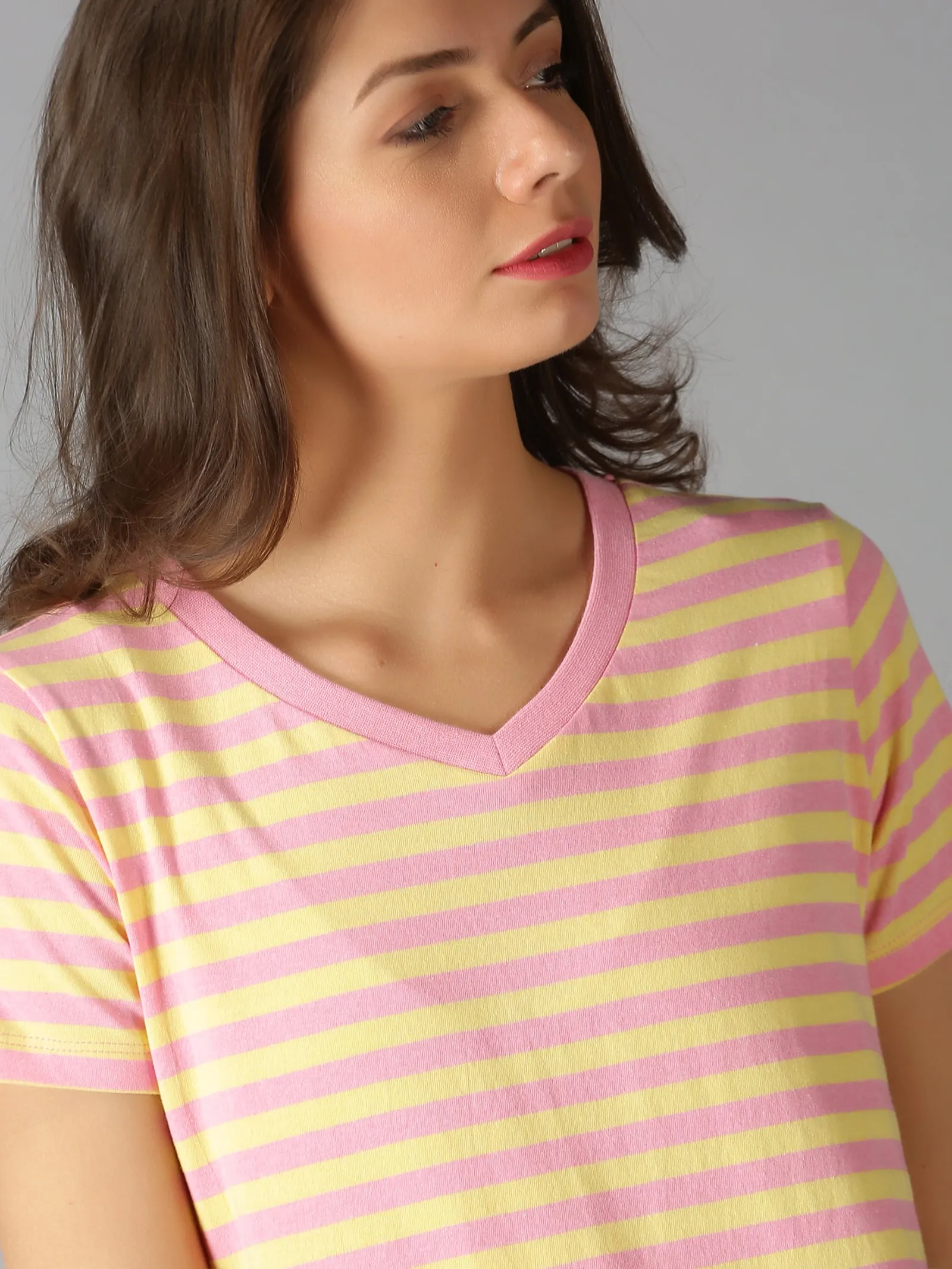 Women Pink & Yellow Stripes V Neck Casual T-Shirt
