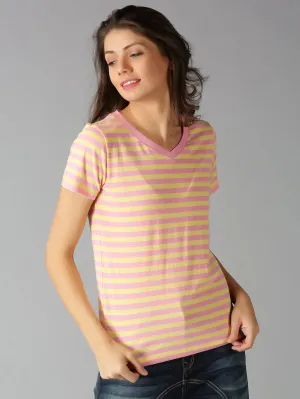 Women Pink & Yellow Stripes V Neck Casual T-Shirt