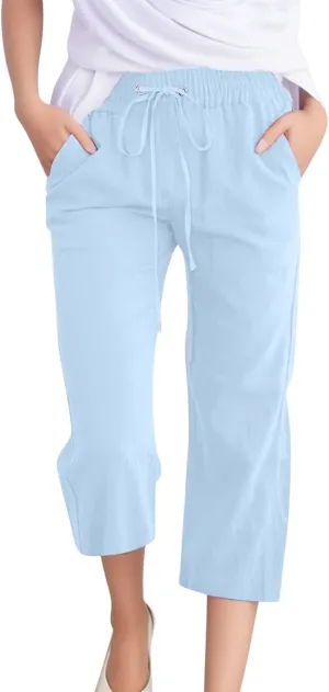 Women's Capri Summer Cotton Linen Pants Casual 2025 Drawstring Elastic Waist Cropped Trousers Beach Clothes