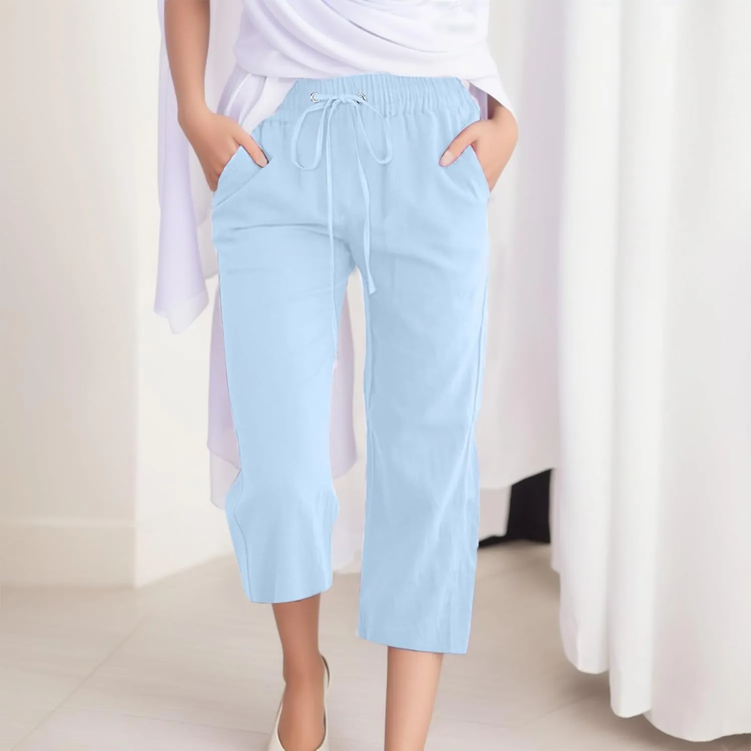 Women's Capri Summer Cotton Linen Pants Casual 2025 Drawstring Elastic Waist Cropped Trousers Beach Clothes
