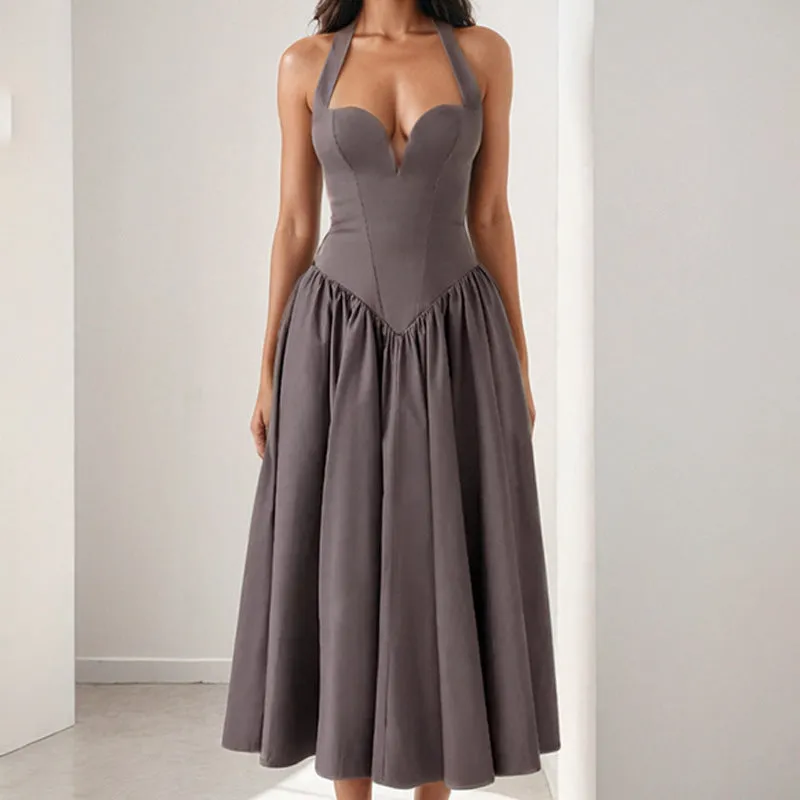 Womens Midi Dress  Halter Neck  A-Line Fit  Satin Look  Open Back  Formal Wear