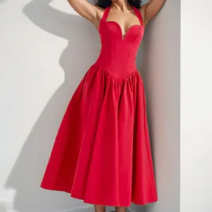 Womens Midi Dress  Halter Neck  A-Line Fit  Satin Look  Open Back  Formal Wear