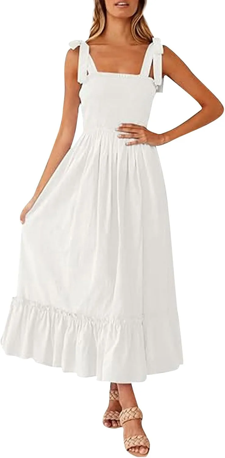 Womens Tiered Maxi Dress 2024 Summer Tie Straps Smocked Square Neck Long Dress Boho Beach Flowy Swing A-Line Sundress