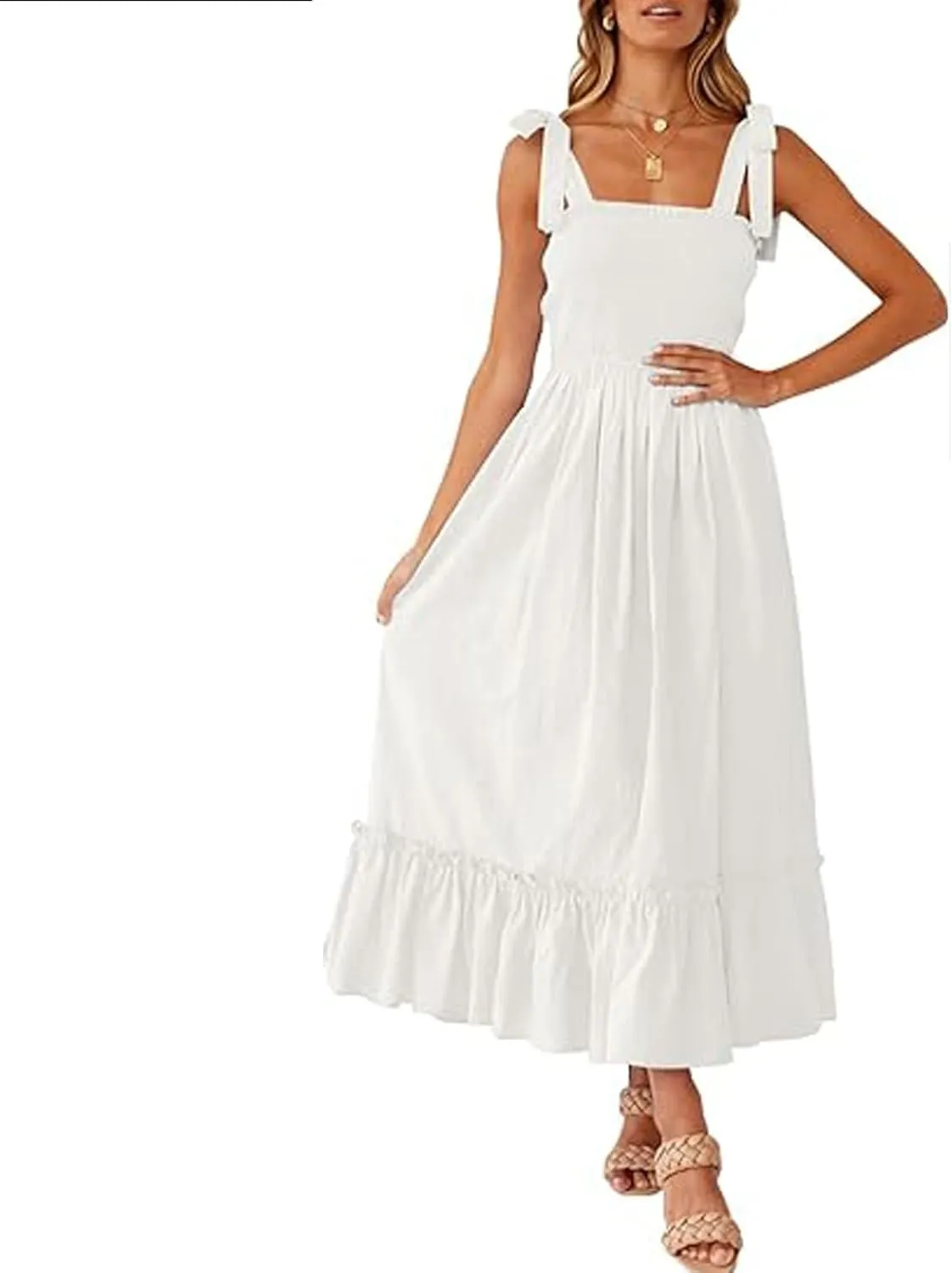 Womens Tiered Maxi Dress 2024 Summer Tie Straps Smocked Square Neck Long Dress Boho Beach Flowy Swing A-Line Sundress