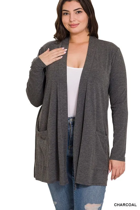 Zenana Plus Slouchy Pocket Open Cardigan